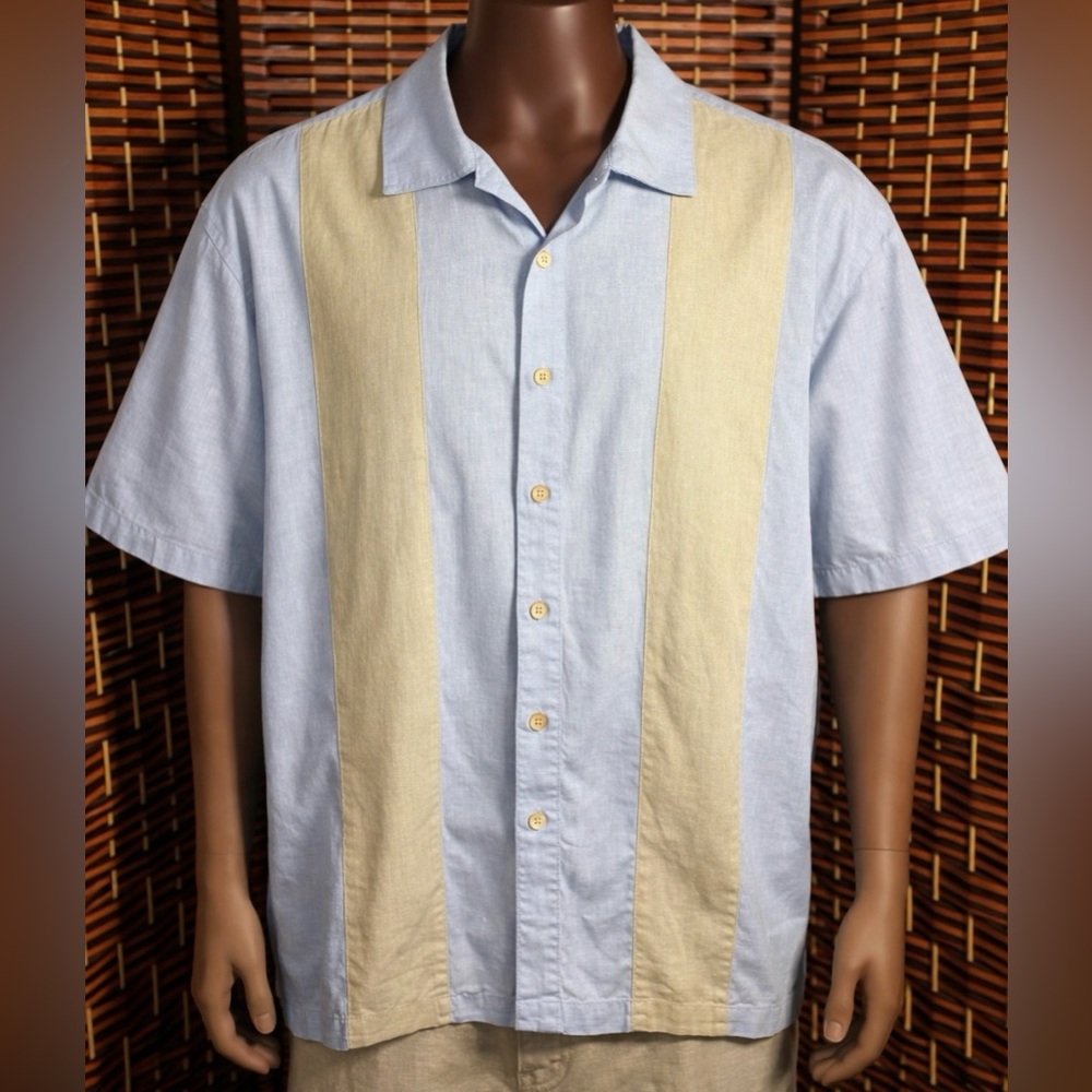 Batik Bay Linen Blend Resort Shirt XXL Blue Cuban Camp Panel Short Sleeve